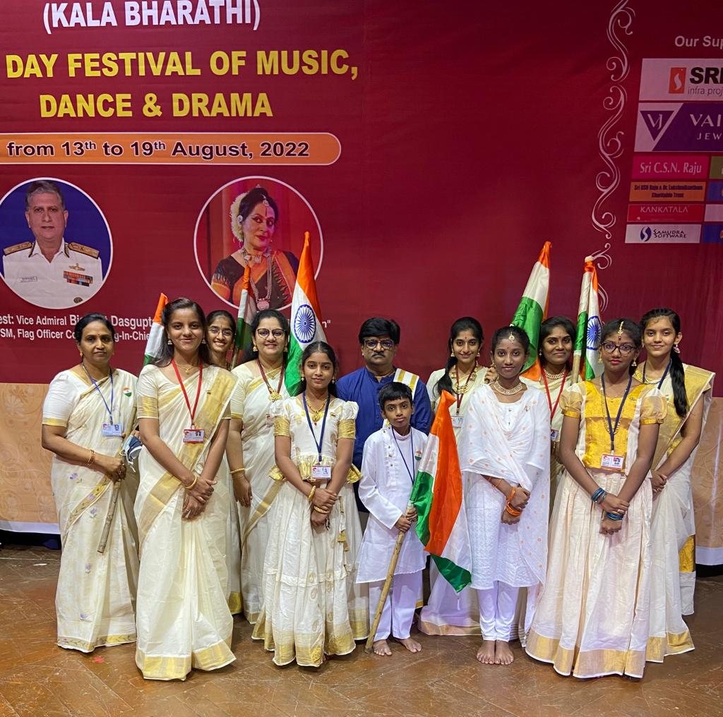 Dr. Tyagaraj with young performers at the Kala Bharathi festival